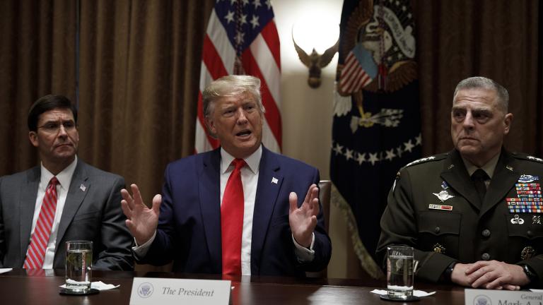 President Donald Trump, joined by from left, Defense Secretary Mark Esper, and Chairman of the Joint Chiefs of Staff Gen. Mark Milley, speaks to media during a briefing with senior military leaders in the Cabinet Room at the White House in Washington, Monday, Oct. 7, 2019. (AP Photo / Carolyn Kaster) President Donald Trump, joined by from left, Defense Secretary Mark Esper, and Chairman of the Joint Chiefs of Staff Gen. Mark Milley, speaks to media during a briefing with senior military leaders in the Cabinet Room at the White House in Washington, Monday, Oct. 7, 2019. (AP Photo / Carolyn Kaster)