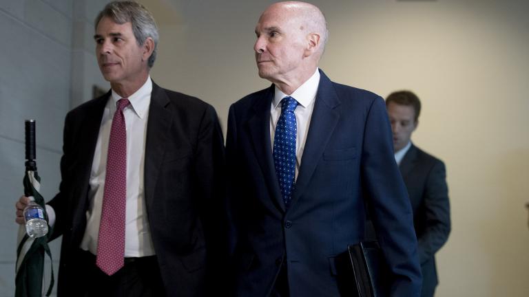 Michael McKinley, a former top aide to Secretary of State Mike Pompeo, right, arrives on Capitol Hill in Washington, Wednesday, Oct. 16, 2019, to testify before congressional lawmakers as part of the House impeachment inquiry into President Donald Trump. (AP Photo / Andrew Harnik) Michael McKinley, a former top aide to Secretary of State Mike Pompeo, right, arrives on Capitol Hill in Washington, Wednesday, Oct. 16, 2019, to testify before congressional lawmakers as part of the House impeachment inquiry into President Donald Trump. (AP Photo / Andrew Harnik)