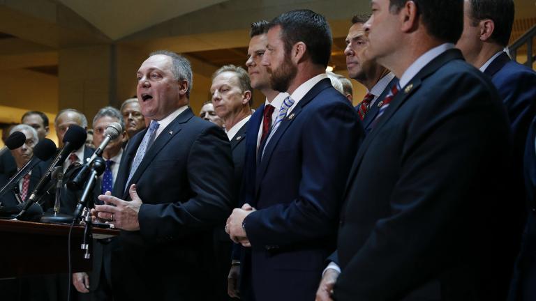 House Minority Whip Steve Scalise, R-La., left, speaks at a news conference in front of House Republicans after Deputy Assistant Secretary of Defense Laura Cooper arrived for a closed door meeting to testify as part of the House impeachment inquiry into President Donald Trump, Wednesday, Oct. 23, 2019, on Capitol Hill in Washington. (AP Photo / Patrick Semansky)