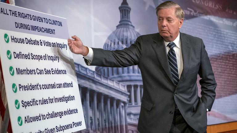 Sen. Lindsey Graham, R-S.C., speaks about a resolution he says he will introduce condemning the Democratic-controlled House for pursuing a “closed door, illegitimate impeachment inquiry,” during a news conference at the Capitol in Washington, Thursday, Oct. 24, 2019. (AP Photo / J. Scott Applewhite)