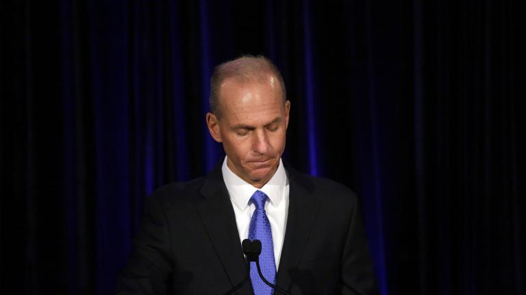 In this April 29, 2019, file pool photo Boeing Chief Executive Dennis Muilenburg speaks at a news conference after company’s annual shareholders meeting at the Field Museum in Chicago. (Joshua Lott / The Washington Post via AP, Pool, File)