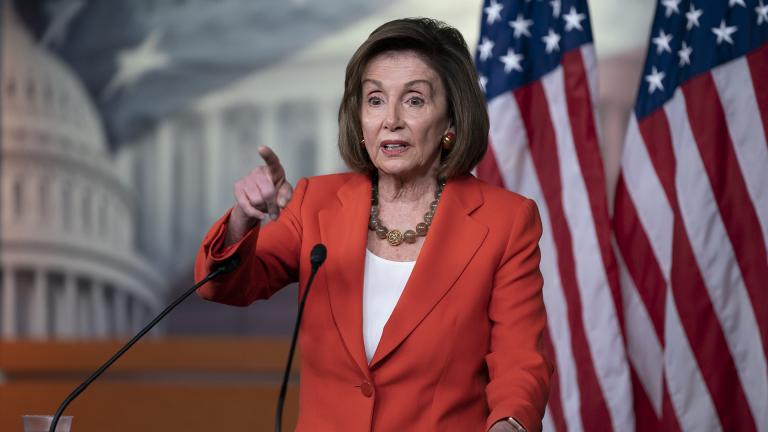 Speaker of the House Nancy Pelosi, D-Calif., talks to reporters just before the House vote on a resolution to formalize the impeachment investigation of President Donald Trump, in Washington, Thursday, Oct. 31, 2019. (AP Photo / J. Scott Applewhite)
