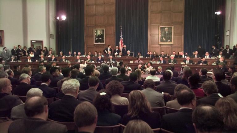 In this Nov. 19, 1998 file photo, House Judiciary Committee Chairman Rep. Henry Hyde, R-Illinois, presides over the committee’s impeachment hearing for President Bill Clinton, on Capitol Hill in Washington. (AP Photo / Joe Marquette, File) In this Nov. 19, 1998 file photo, House Judiciary Committee Chairman Rep. Henry Hyde, R-Illinois, presides over the committee’s impeachment hearing for President Bill Clinton, on Capitol Hill in Washington. (AP Photo / Joe Marquette, File)
