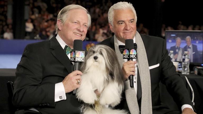 This image released by NBC shows David Frei, left, and host John O'Hurley posing with a havanese dog at The National Dog Show in Philadelphia. The annual parade of pooches has become one of the highest-rated shows of Thanksgiving. (Bill McCay / NBC via AP)