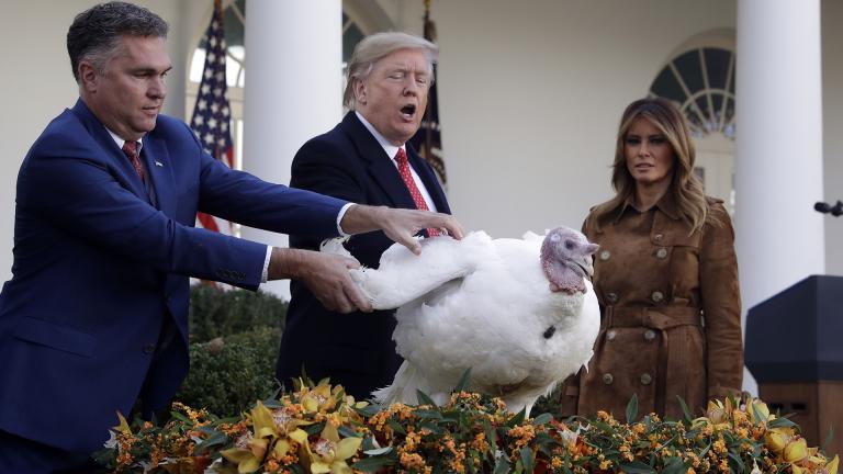 President Donald Trump pardons Butter, the national Thanksgiving turkey, in the Rose Garden of the White House, Tuesday, Nov. 26, 2019, in Washington, as first lady Melania Trump watches. (AP Photo/ Evan Vucci)