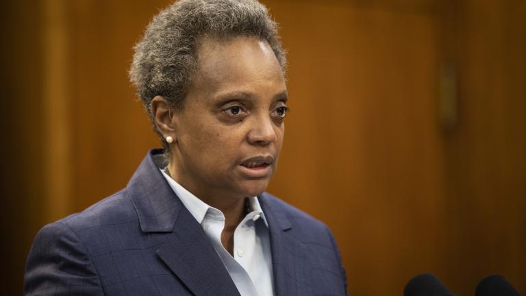 Mayor Lori Lightfoot speaks during a press conference at City Hall to announce the firing of Chicago Police Supt. Eddie Johnson, Monday morning, Dec. 2, 2019. (Ashlee Rezin Garcia / Chicago Sun-Times via AP)