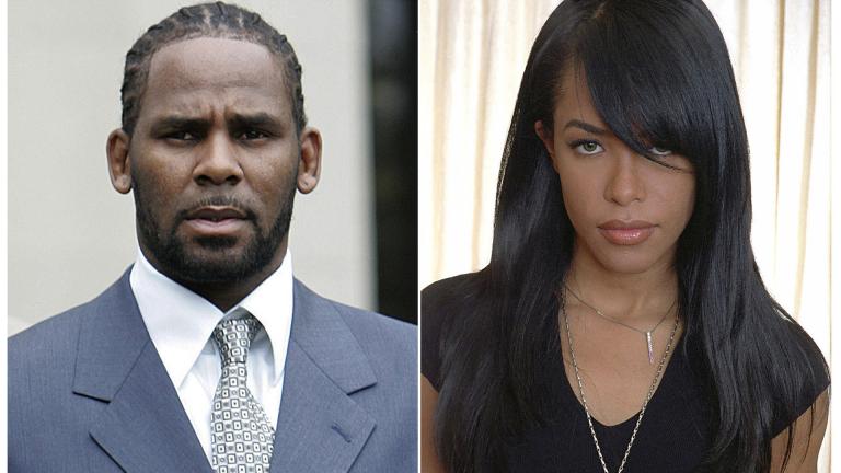 This combination photo shows singer R. Kelly after the first day of jury selection in his child pornography trial at the Cook County Criminal Courthouse in Chicago on May 9, 2008, left, the late R&B singer and actress Aaliyah during a photo shoot in New York on May 9, 2001. (AP Photo / File)