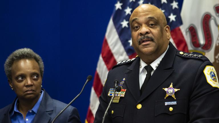 In this Thursday, Nov. 7, 2019, file photo, Chicago Police Department Supt. Eddie Johnson, right, announces his retirement as Mayor Lori Lightfoot looks on during a press conference at CPD headquarters in Chicago. (Ashlee Rezin Garcia / Chicago Sun-Times via AP)