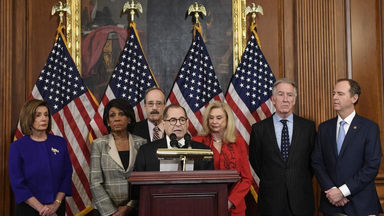 From left House Speaker Nancy Pelosi, Chairwoman of the House Financial Services Committee Maxine Waters, D-Calif., Chairman of the House Foreign Affairs Committee Eliot Engel, D-N.Y., House Judiciary Committee Chairman Jerrold Nadler, D-N.Y., Chairwoman of the House Committee on Oversight and Reform Carolyn Maloney, D-N.Y., House Ways and Means Chairman Richard Neal and Chairman of the House Permanent Select Committee on Intelligence Adam Schiff, D-Calif., unveil articles of impeachment against President Donald Trump, during a news conference on Capitol Hill in Washington, Tuesday, Dec. 10, 2019. (AP Photo / Susan Walsh) From left House Speaker Nancy Pelosi, Chairwoman of the House Financial Services Committee Maxine Waters, D-Calif., Chairman of the House Foreign Affairs Committee Eliot Engel, D-N.Y., House Judiciary Committee Chairman Jerrold Nadler, D-N.Y., Chairwoman of the House Committee on Oversight and Reform Carolyn Maloney, D-N.Y., House Ways and Means Chairman Richard Neal and Chairman of the House Permanent Select Committee on Intelligence Adam Schiff, D-Calif., unveil articles of impeachment against President D