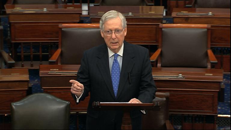 Senate Majority Leader Mitch McConnell of Kentucky speaks on the Senate floor, Thursday, Dec. 19, 2019 at the Capitol in Washington. (Senate TV via AP)