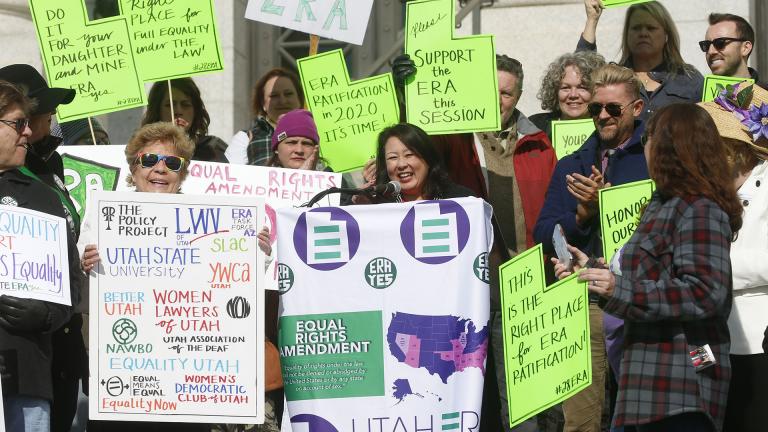 Rep. Karen Kwan, D- Murray, center, speaks during the ERA Now rally at the Utah State Capitol during the first day of the Utah legislative session Monday, Jan. 27, 2020, in Salt lake City. (AP Photo / Rick Bowmer)