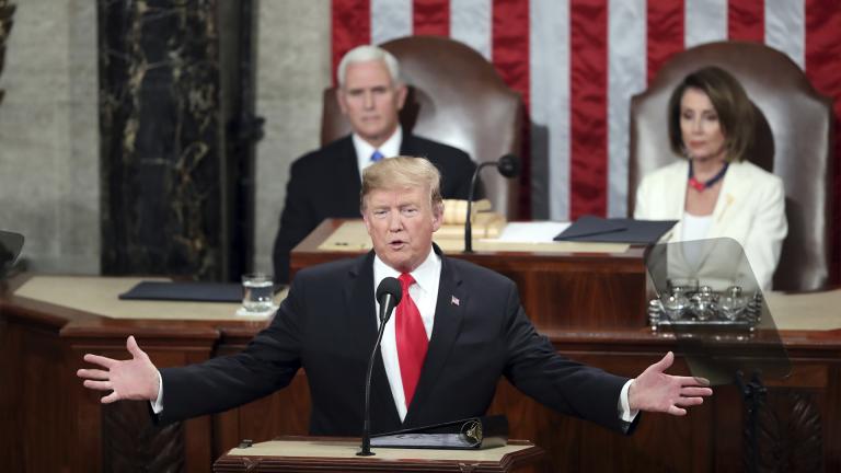 In this Feb. 5, 2019, file photo, President Donald Trump delivers his State of the Union address to a joint session of Congress on Capitol Hill in Washington, as Vice President Mike Pence and Speaker of the House Nancy Pelosi, D-Calif., watch. (AP Photo / Andrew Harnik, File)