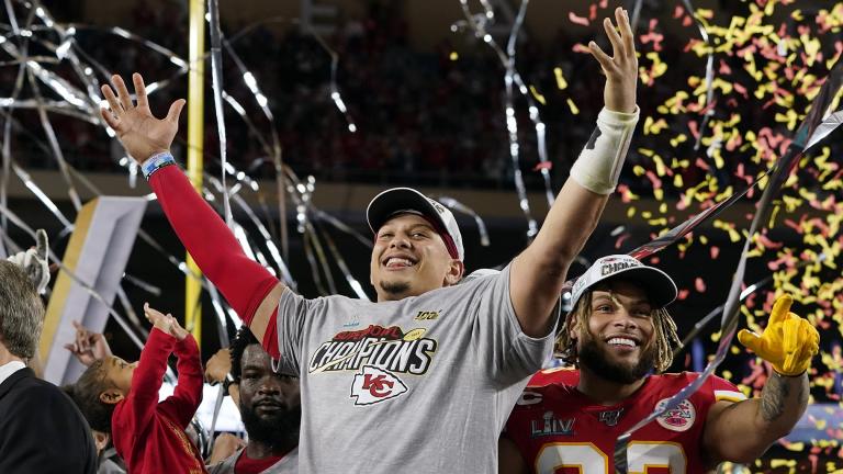 Kansas City Chiefs’ Patrick Mahomes, left, and Tyrann Mathieu celebrate after defeating the San Francisco 49ers in the NFL Super Bowl 54 football game Sunday, Feb. 2, 2020, in Miami Gardens, Fla. (AP Photo / David J. Phillip)