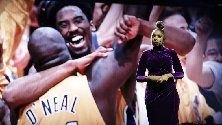 Jennifer Hudson sings a tribute to former NBA All-Star Kobe Bryant and his daughter Gianna, who were killed in a helicopter crash Jan. 26, before the NBA All-Star basketball game Sunday, Feb. 16, 2020, in Chicago. (AP Photo / Nam Huh)