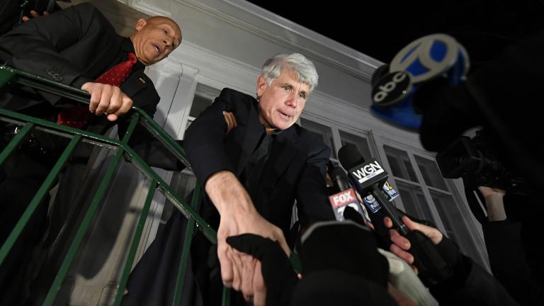 Former Illinois Gov. Rod Blagojevich shakes hands with a supporter as he arrives home in Chicago on Wednesday, Feb. 19, 2020, after his release from Colorado prison late Tuesday. (AP Photo / Paul Beaty)