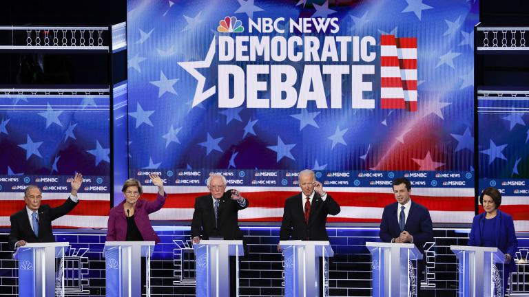 From left, Democratic presidential candidates, former New York City Mayor Mike Bloomberg, Sen. Elizabeth Warren, D-Mass., Sen. Bernie Sanders, I-Vt., former Vice President Joe Biden, former South Bend Mayor Pete Buttigieg, Sen. Amy Klobuchar, D-Minn., participate in a Democratic presidential primary debate Wednesday, Feb. 19, 2020, in Las Vegas, hosted by NBC News and MSNBC. (AP Photo / John Locher)