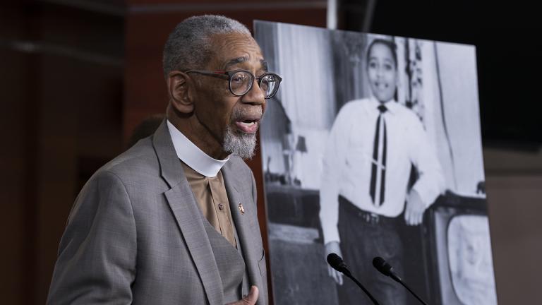 Rep. Bobby Rush, D-Ill., speaks during a news conference about the “Emmett Till Antilynching Act” which would designate lynching as a hate crime under federal law, on Capitol Hill in Washington, Wednesday, Feb. 26, 2020. Emmett Till, pictured at right, was a 14-year-old African-American who was lynched in Mississippi in 1955, after being accused of offending a white woman in her family's grocery store. (AP Photo / J. Scott Applewhite)