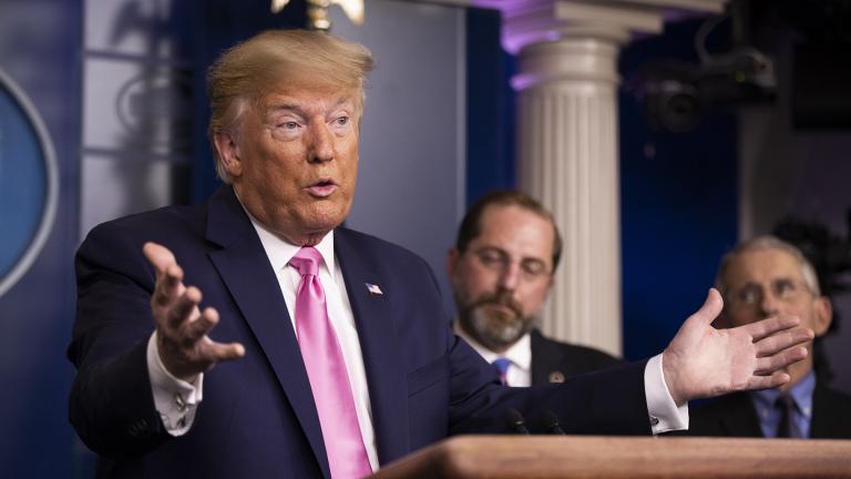 President Donald Trump with Department of Health and Human Services Secretary Alex Azar, back center, and Director of the National Institute of Allergy and Infectious Diseases at the National Institutes of Health Anthony Fauci, right, and other members of the president’s coronavirus task force speaks during a news conference at the Brady press briefing room of the White House, Wednesday, Feb. 26, 2020, in Washington. (AP Photo / Manuel Balce Ceneta)