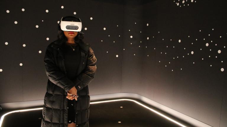 In this Wednesday, Feb. 26, 2020 photo, a visitor experiences “The March” virtual reality exhibit at the DuSable Museum of African American History in Chicago ahead of the project’s launch. (AP Photo / Noreen Nasir)