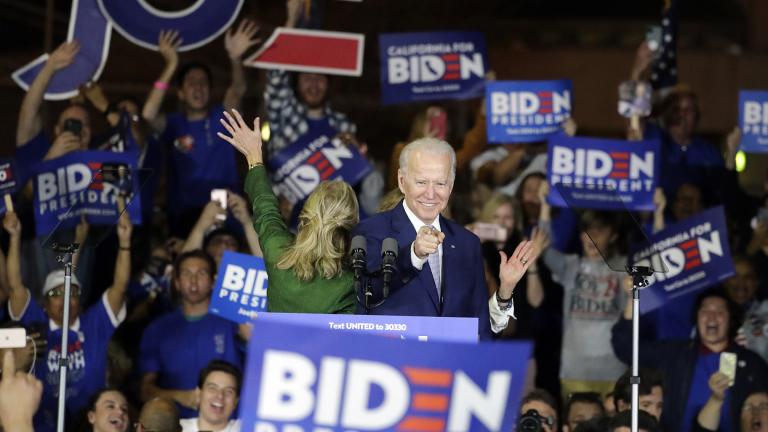 Democratic presidential candidate former Vice President Joe Biden speaks at a primary election night campaign rally Tuesday, March 3, 2020, in Los Angeles. (AP Photo/Chris Carlson)