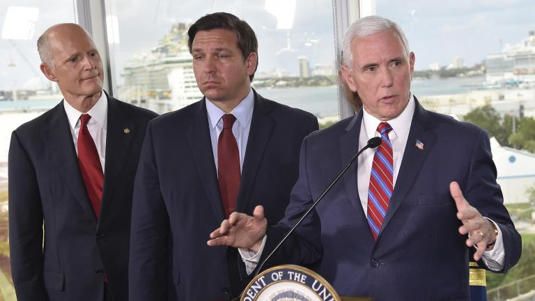 Vice President Mike Pence, right, along with Florida Sen. Rick Scott, left, and Gov. Ron DeSantis, center, speaks to the media after a meeting with cruise line company leaders to discuss the efforts to fight the spread of the COVID-19 coronavirus, at Port Everglades, Saturday March 7, 2020, in Fort Lauderdale, Fla. (AP Photo / Gaston De Cardenas)