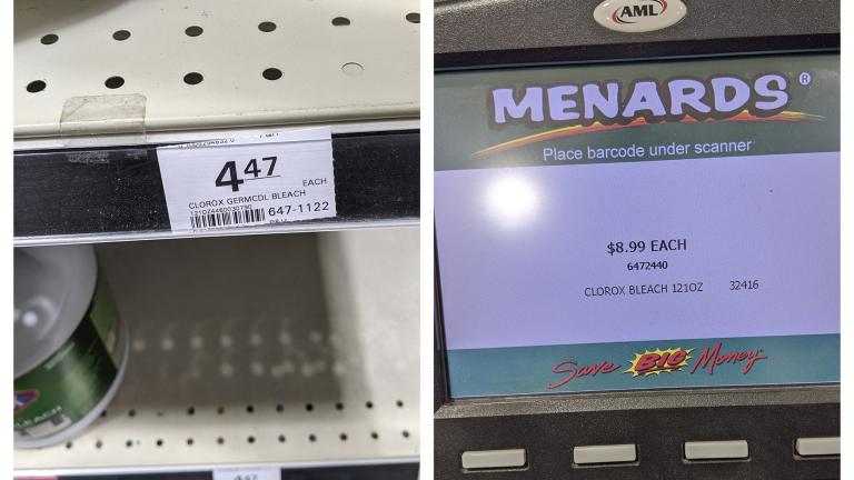 This combination of March 11, 2020 photos made by investigators with the Michigan Attorney General’s Office shows a $4.47 shelf price sticker for a gallon of Clorox bleach and $8.99 on a price scanner for the same item at a Menards store in Jackson, Mich. (Michigan Attorney General’s Office via AP) This combination of March 11, 2020 photos made by investigators with the Michigan Attorney General’s Office shows a $4.47 shelf price sticker for a gallon of Clorox bleach and $8.99 on a price scanner for the same item at a Menards store in Jackson, Mich. (Michigan Attorney General’s Office via AP)