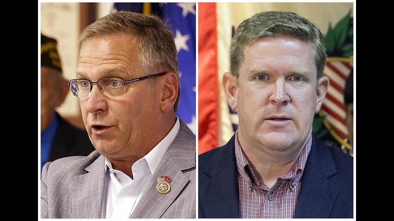 The candidates for Illinois’ 12th District seat in the November 2018 election, from left: incumbent GOP Rep. Mike Bost, of Murphysboro; and Democrat Brendan Kelly, of Swansea. (Belleville News-Democrat via AP)