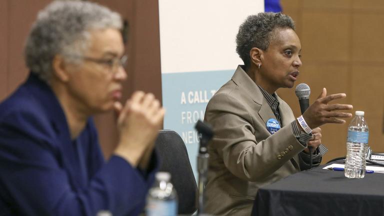 In this March 24, 2019 photo, Chicago mayoral candidate Lori Lightfoot, right, participates in a candidate forum sponsored by One Chicago For All Alliance at Daley College in Chicago. (AP Photo / Teresa Crawford) In this March 24, 2019 photo, Chicago mayoral candidate Lori Lightfoot, right, participates in a candidate forum sponsored by One Chicago For All Alliance at Daley College in Chicago. (AP Photo / Teresa Crawford)