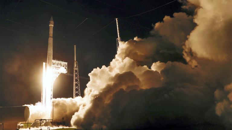 A United Launch Alliance Atlas V rocket carrying the LUCY spacecraft lifts off from Launch Complex 41 at the Cape Canaveral Space Force Station, Saturday, Oct. 16, 2021, in Cape Canaveral, Fla. Lucy, will observe Trojan asteroids, a unique family of asteroids that orbit the sun in front of and behind Jupiter. (AP Photo / John Raoux)