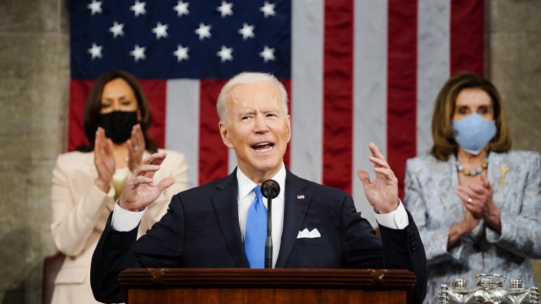 Vice President Kamala Harris, and House Speaker Nancy Pelosi of Calif., stand and applaud as President Joe Biden addresses a joint session of Congress, Wednesday, April 28, 2021, in the House Chamber at the U.S. Capitol in Washington. (Melina Mara / The Washington Post via AP, Pool) Vice President Kamala Harris, and House Speaker Nancy Pelosi of Calif., stand and applaud as President Joe Biden addresses a joint session of Congress, Wednesday, April 28, 2021, in the House Chamber at the U.S. Capitol in Washington. (Melina Mara / The Washington Post via AP, Pool)