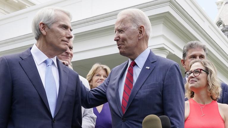 President Joe Biden speaks with Sen. Rob Portman, R-Ohio, and other bipartisan group of senators, Thursday June 24, 2021, outside the White House in Washington. (AP Photo / Jacquelyn Martin)