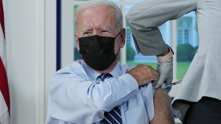President Joe Biden receives a COVID-19 booster shot during an event in the South Court Auditorium on the White House campus, Monday, Sept. 27, 2021, in Washington. (AP Photo / Evan Vucci)