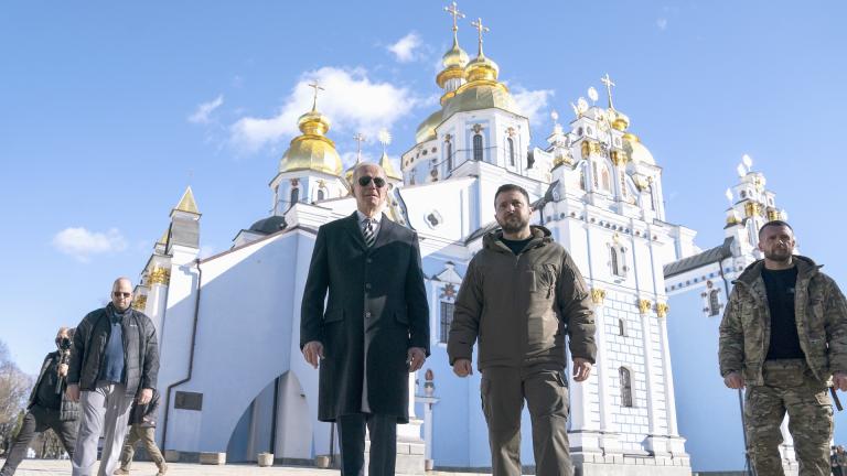 President Joe Biden walks with Ukrainian President Volodymyr Zelenskyy at St. Michael's Golden-Domed Cathedral on a surprise visit, Monday, Feb. 20, 2023, in Kyiv. (AP Photo/ Evan Vucci)