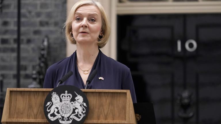 Britain's Prime Minister Liz Truss addresses the media in Downing Street in London, Thursday, Oct. 20, 2022. Truss says she resigns as leader of UK Conservative Party. (AP Photo/Alberto Pezzali)