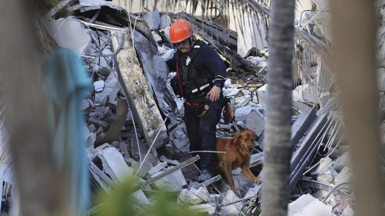 Fire rescue personnel conduct a search and rescue with dogs through the rubble of the Champlain Towers South Condo after the multistory building partially collapsed in Surfside, Fla., Thursday, June 24, 2021. (David Santiago / Miami Herald via AP)