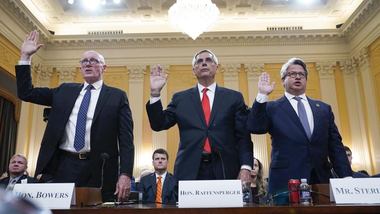 Rusty Bowers, Arizona state House Speaker, from left, Brad Raffensperger, Georgia Secretary of State, and Gabe Sterling, Georgia Deputy Secretary of State, are sworn in to testify as the House select committee investigating the Jan. 6 attack on the U.S. Capitol continues to reveal its findings of a year-long investigation, at the Capitol in Washington, Tuesday, June 21, 2022. (AP Photo / Jacquelyn Martin)