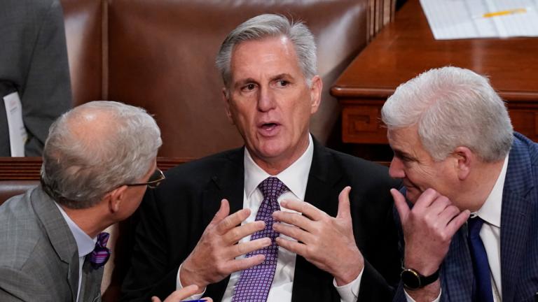 Rep. Patrick McHenry, R-N.C., left, and Rep. Tom Emmer, R-Minn., right, speaks with Rep. Kevin McCarthy, R-Calif., in the House chamber as the House meets for a second day to elect a speaker and convene the 118th Congress in Washington, Wednesday, Jan. 4, 2023. (AP Photo / Alex Brandon)