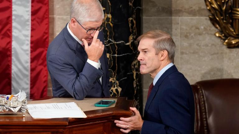 Temporary House leader Rep. Patrick McHenry, R-N.C., talks with Rep. Jim Jordan, R-Ohio, as Republicans try to elect Jordan in a second ballot to be the new House speaker, at the Capitol in Washington, Wednesday, Oct. 18, 2023. (Alex Brandon / AP Photo)