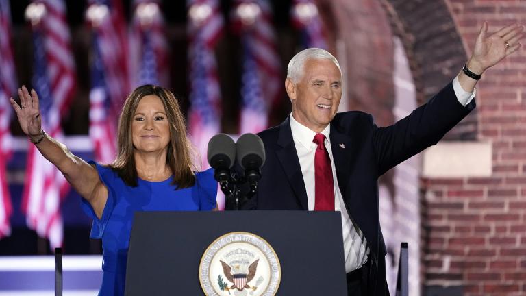 Vice President Mike Pence arrives with his wife Karen Pence to speak on the third day of the Republican National Convention at Fort McHenry National Monument and Historic Shrine in Baltimore, Wednesday, Aug. 26, 2020. (AP Photo / Andrew Harnik)