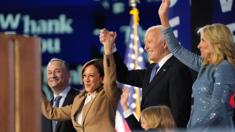 Democratic presidential nominee Vice President Kamala Harris, President Joe Biden and First Lady Jill Biden wave during the Democratic National Convention Monday, Aug. 19, 2024, in Chicago. (Paul Sancya / AP Photo)