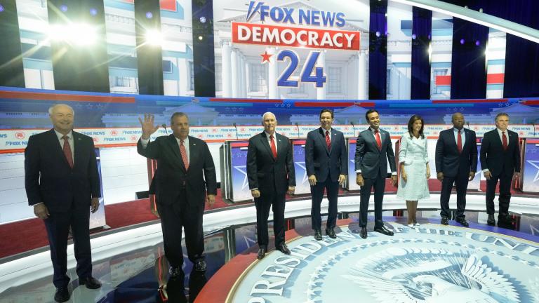 Republican presidential candidates, from left, former Arkansas Gov. Asa Hutchinson, former New Jersey Gov. Chris Christie, former Vice President Mike Pence, Florida Gov. Ron DeSantis, businessman Vivek Ramaswamy, former U.N. Ambassador Nikki Haley, Sen. Tim Scott, R-S.C., and North Dakota Gov. Doug Burgum stand on stage before a Republican presidential primary debate Wednesday, Aug. 23, 2023, in Milwaukee. (AP Photo / Morry Gash)
