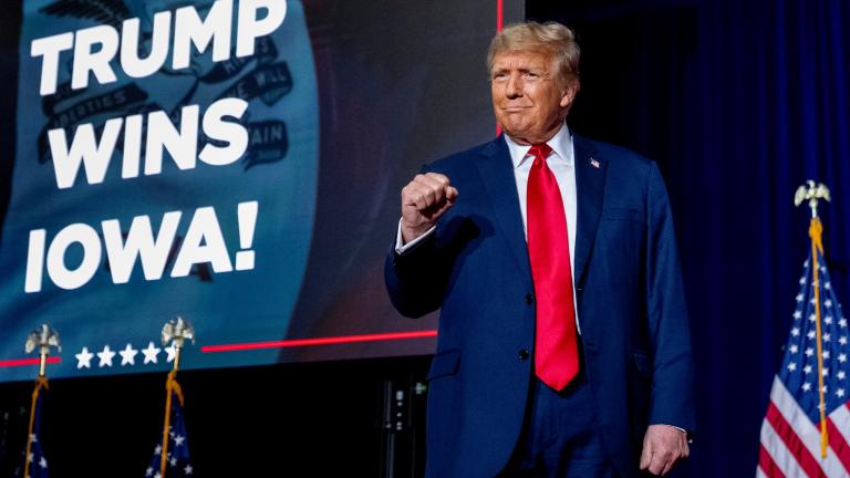 Republican presidential candidate former President Donald Trump takes the stage at a caucus night party in Des Moines, Iowa, Monday, Jan. 15, 2024. (AP Photo / Andrew Harnik)