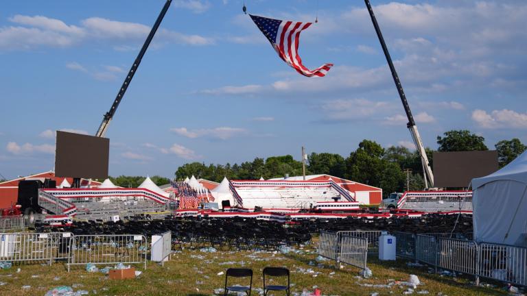 A campaign rally site for Republican presidential candidate former President Donald Trump is empty and littered with debris Saturday, July 13, 2024, in Butler, Pa. (AP Photo / Evan Vucci)