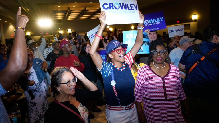 Supporters react to election results coming in during a primary election night watch party for Democratic gubernatorial candidate David Crowley, Tuesday, Aug. 11, 2026, in Milwaukee, Wis. (AP Photo / Kayla Wolf)