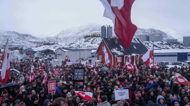 People protest against Trump's policy towards Greenland in front of the US consulate in Nuuk, Greenland, Saturday, Jan. 17, 2026. (AP Photo / Evgeniy Maloletka)