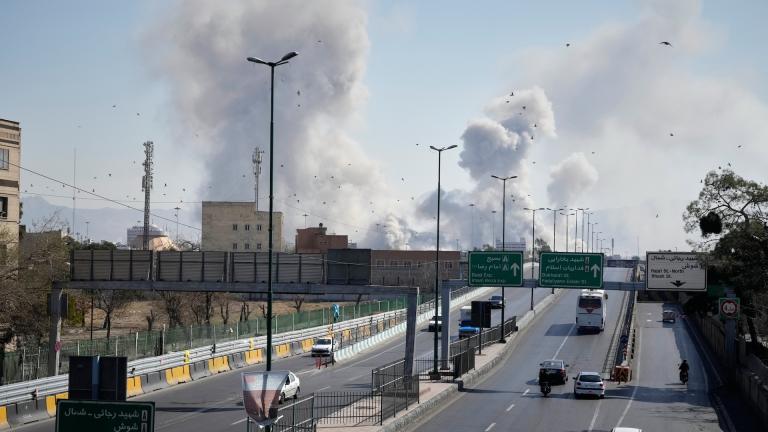 Plumes of smoke rise as strikes hit the city during the U.S.–Israeli military campaign in Tehran, Iran, Thursday, March 5, 2026. (AP Photo/Vahid Salemi)