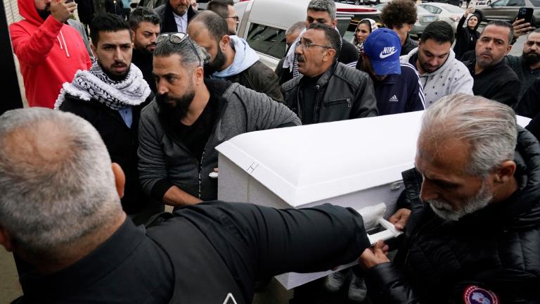 Family members of Wadea Al Fayoume bring his casket into Mosque Foundation in Bridgeview, Ill., Monday, Oct. 16, 2023. (AP Photo / Nam Y. Huh)