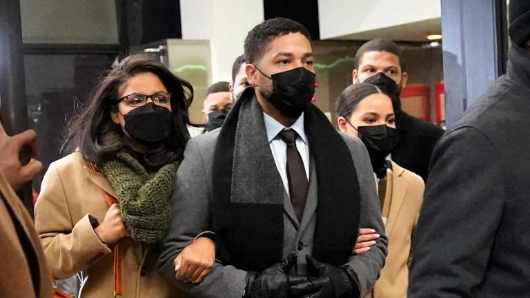 Actor Jussie Smollett, center, leaves the Leighton Criminal Courthouse with unidentified siblings, Thursday, Dec. 9, 2021, in Chicago, following a verdict in his trial. (AP Photo / Nam Y. Huh)
