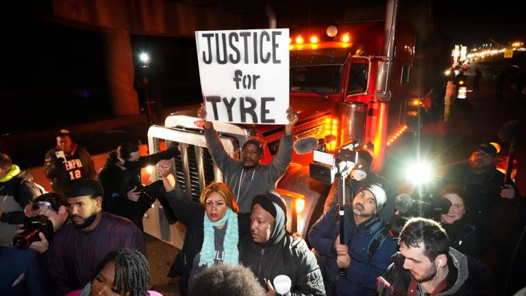 Protesters march down the street Friday, Jan. 27, 2023, in Memphis, Tenn., as authorities release police video depicting five Memphis officers beating Tyre Nichols, whose death resulted in murder charges and provoked outrage at the country's latest instance of police brutality. (AP Photo / Gerald Herbert)