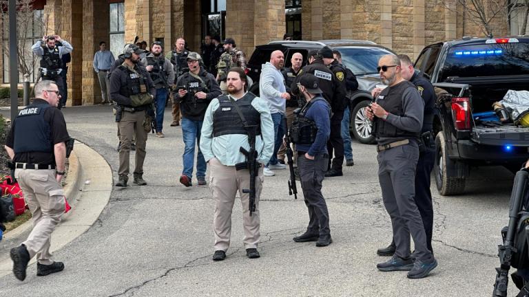 Law enforcement respond to a call at Temple Israel synagogue, Thursday, March 12, 2026 in West Bloomfield Township, Mich. (AP Photo / Corey Williams)